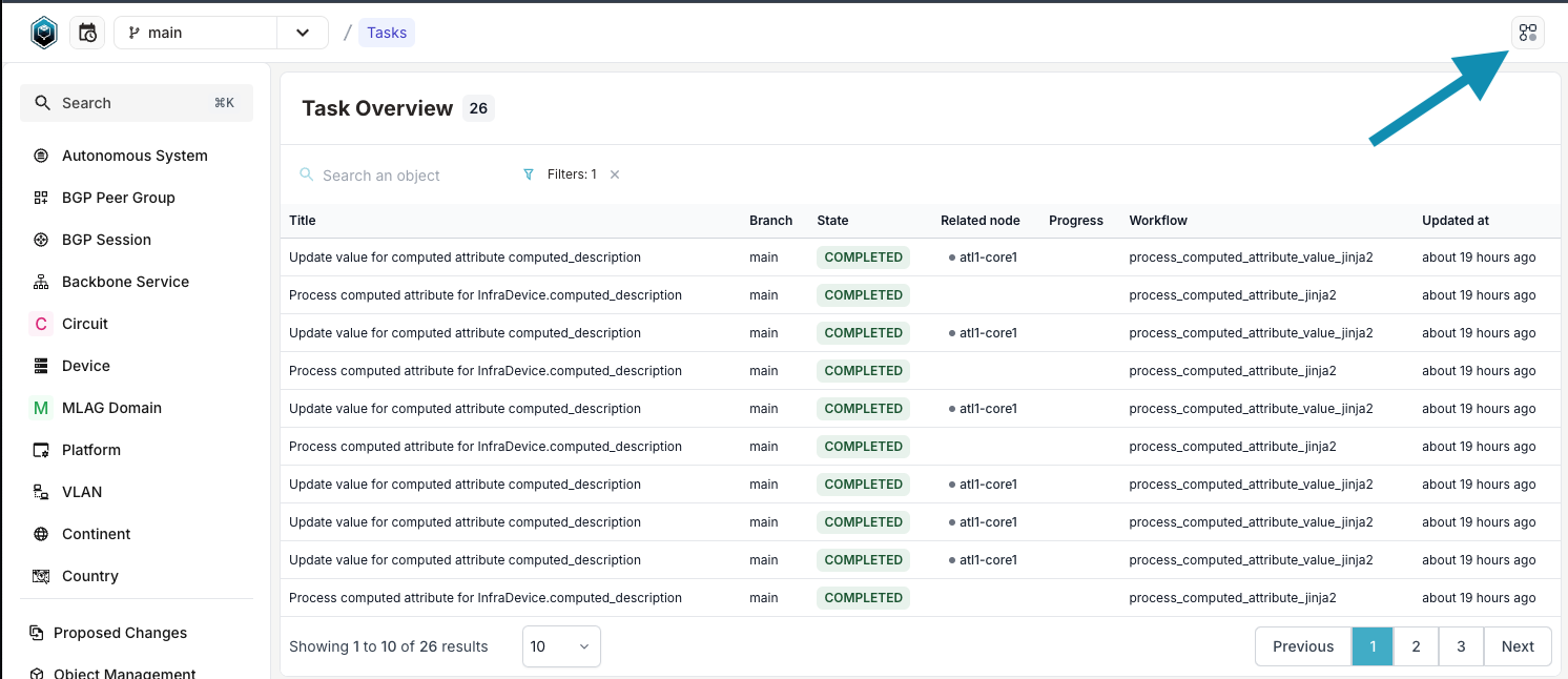 "Example screenshot of Infrahub 1.1 showing the Task Overview page and an arrow pointing at the new Task Indicator."